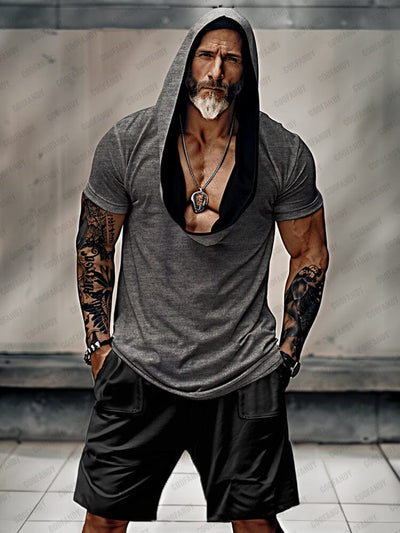 Stylish 100% Cotton Hooded T-shirt Set Sets coofandy Dark Grey M 