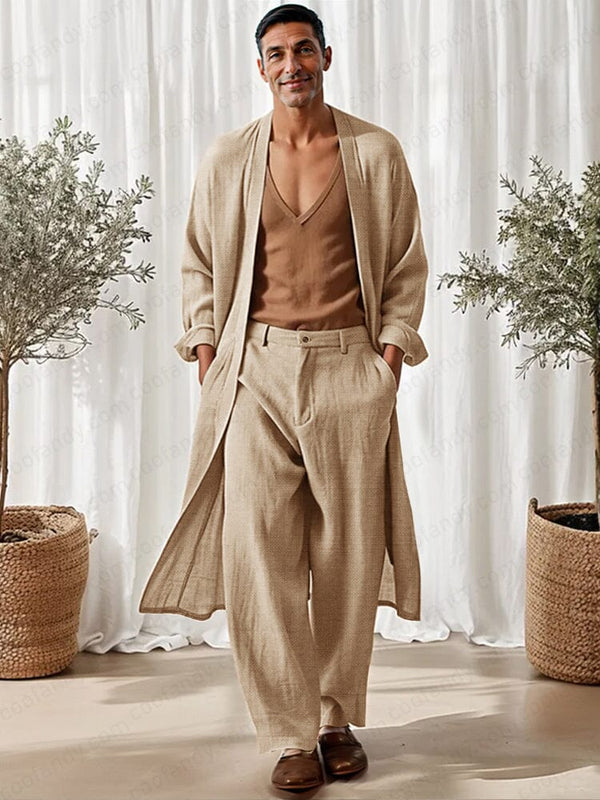 Casual 100% Cotton 2-Piece Kimono Set Sets coofandy Khaki M
