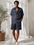 Leisure 100% Cotton Short Jumpsuit Jumpsuit coofandy Navy Blue M