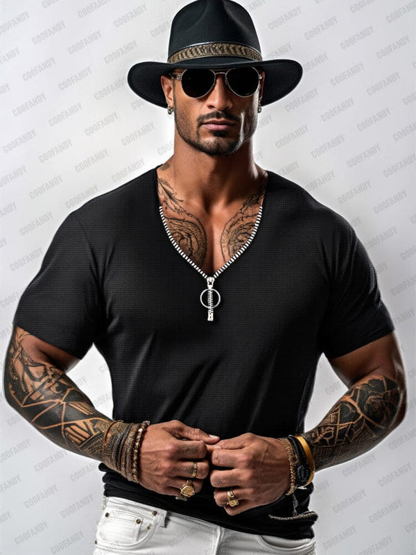 Stylish Textured Zip Design Top T-Shirt coofandy Black M