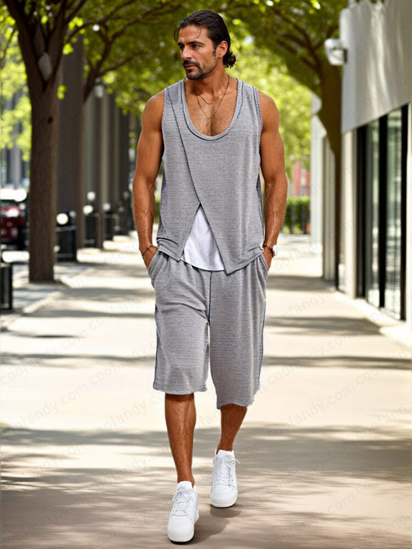 Fake Two-Piece Tank Top Shorts Set Sets coofandy Light Grey M