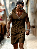 Textured Hooded Tank Top Shorts Set Sets coofandy Brown M