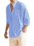 Cotton Linen Beach Button Down Shirt with Pocket (US Only) Shirts COOFANDY Store Sky Blue Striped S