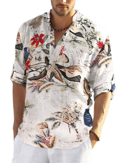 Cotton Linen Floral Henley Shirt (US Only) Shirts coofandy Khaki S 