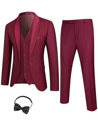4 Pieces Suit Shawl Lapel Tuxedo Slim Fit Set (US Only) Suit Set COOFANDY Store Wine Red S 