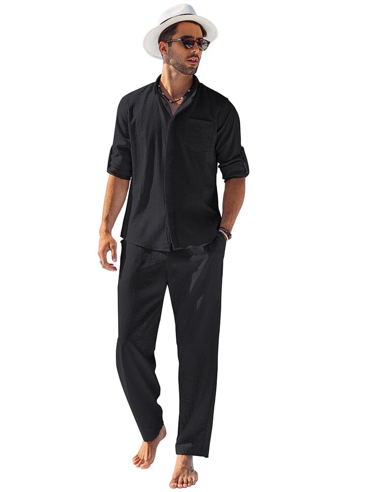 2-Piece Linen Long Sleeve Shirt Sets (US Only) Sets coofandy Black S 