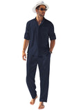 2-Piece Linen Long Sleeve Shirt Sets (US Only) Sets coofandy Navy Blue S