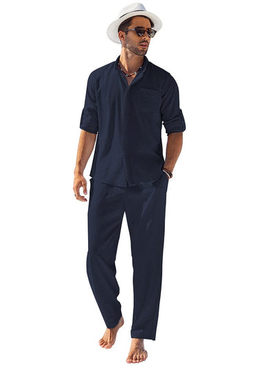 2-Piece Linen Long Sleeve Shirt Sets (US Only) Sets coofandy Navy Blue S 