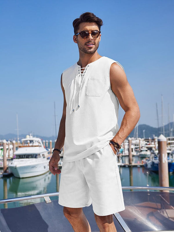Casual 2 Piece Linen Drawstring Tank Top Sets (US Only) Sets coofandy