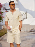 Casual Cotton Linen Lace Up Shirt Set (US Only) Sets coofandy