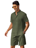 Casual Cotton Linen Stand Collar Shirt Set (US Only) Sets coofandy Army Green S