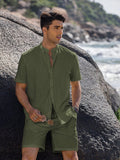 Casual Cotton Linen Stand Collar Shirt Set (US Only) Sets coofandy