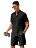 Casual Cotton Linen Stand Collar Shirt Set (US Only) Sets coofandy Black S
