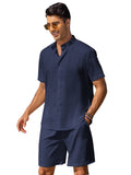 Casual Cotton Linen Stand Collar Shirt Set (US Only) Sets coofandy Blue Violet S