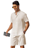Casual Cotton Linen Stand Collar Shirt Set (US Only) Sets coofandy Beige S
