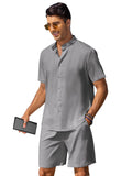 Casual Cotton Linen Stand Collar Shirt Set (US Only) Sets coofandy Grey S