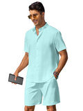 Casual Cotton Linen Stand Collar Shirt Set (US Only) Sets coofandy Light Green S
