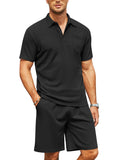 Cozy Waffle Polo Tracksuit Sets (US Only) Sports Set coofandy Black S