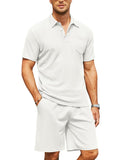 Cozy Waffle Polo Tracksuit Sets (US Only) Sports Set coofandy White S