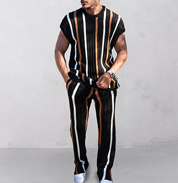 Trendy Stripes Openwork Knit Set