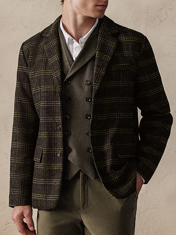 Vintage Plaid Wool Blend Blazer Jacket Jackets coofandy Brown M