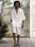 Loose Linen Blend 2-Piece Outfits Sets coofandy White M