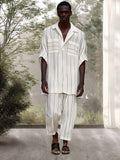 Casual Striped Cotton Linen Set Sets coofandy White M