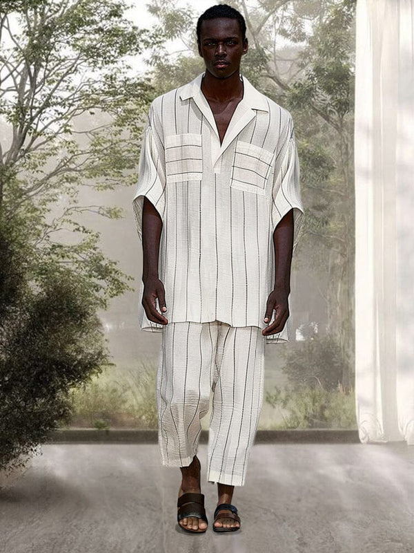 Casual Striped Cotton Linen Set Sets coofandy White M