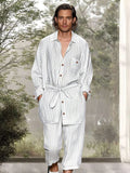 Leisure Belted Stripe Cotton Linen Set Sets coofandy