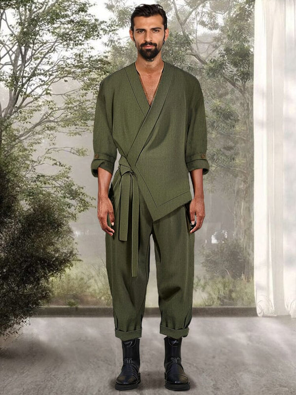 Stylish Slant Placket 2-Piece Set Sets coofandy Army Green M