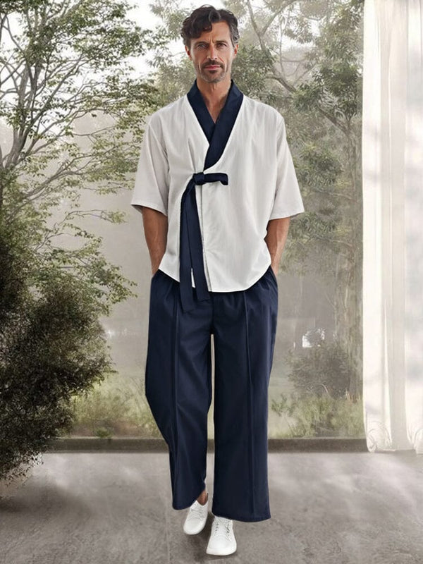 Stylish Color Block 100% Cotton Sets Sets coofandy Navy Blue M