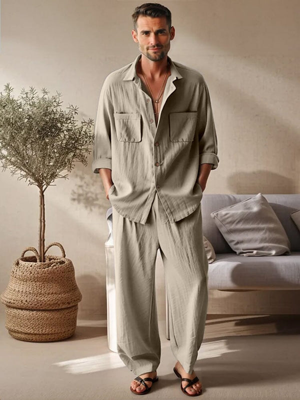 Leisure Minimalism Cotton 2-Piece Outfits Sets coofandy Light Khaki M