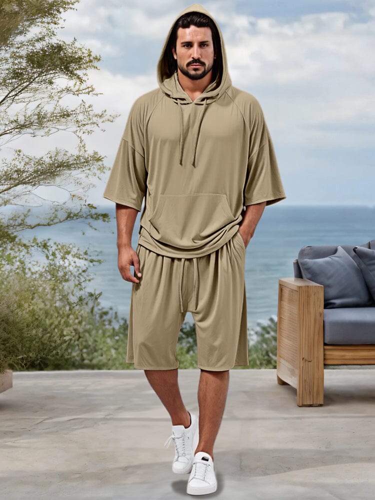 Textured Drawstring Hoodie and Shorts Set