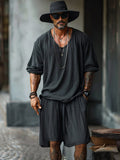 100% Cotton Long Sleeve Shirt Shorts Set Sets coofandy Black M