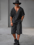 Vintage Drawstring 100% Cotton 2-Piece Outfits Sets coofandy Black M