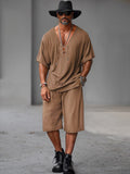 Vintage Drawstring 100% Cotton 2-Piece Outfits Sets coofandy Brown M