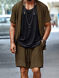 Soft Textured Open Front Jacket Shorts Set Sets coofandy