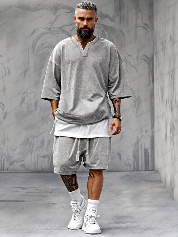 Fake Two-Piece T-shirt Shorts Set Sets coofandy Light Gray M