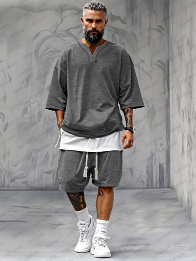 Fake Two-Piece T-shirt Shorts Set Sets coofandy Dark Grey M 