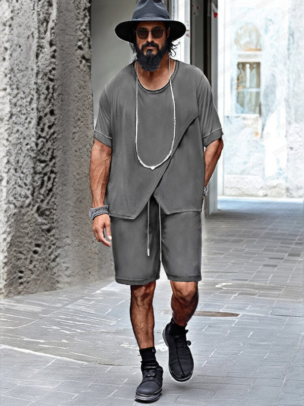 Leisure Asymmetrical Tee Shorts Set Sets coofandy Dark Grey M