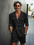 Lightweight Linen Blend Suit Jacket Shorts Set Sets coofandy Black M
