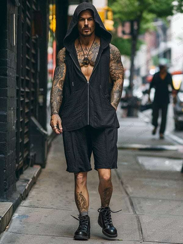 Stylish Hooded Tank Top Shorts Set Sets coofandy Black M
