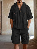 Utility 100% Cotton Hooded T-shirt Set Sets coofandy Black M