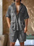 Linen Blend Multi Pockets 2-Piece Outfits Sets coofandy Grey M