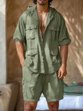 Linen Blend Multi Pockets 2-Piece Outfits Sets coofandy Army Green M