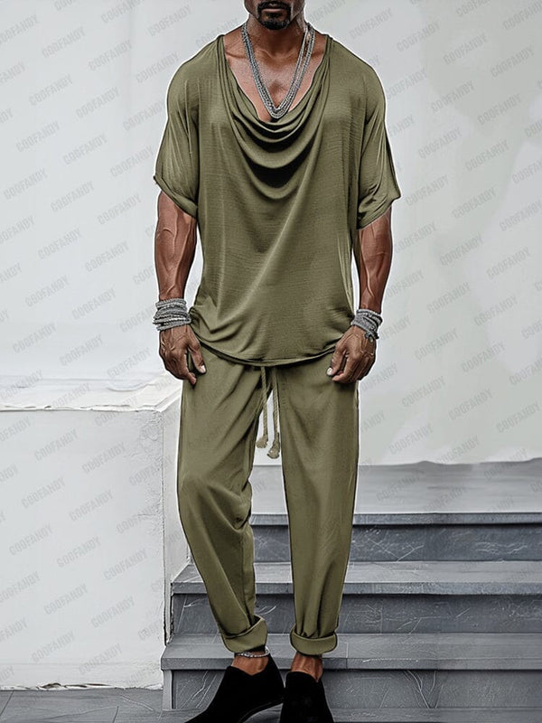 Loose Drape Collar Top Pants Set Sets coofandy Army Green M