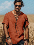Boho Laced Cotton Top Shirts coofandy Red M