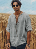 Soft Charm Lace-Up Cotton Top Shirts coofandy Grey M