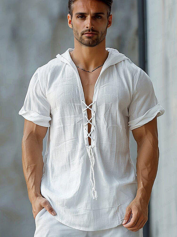 Comfy Lace-Up Cotton Blend Top Sets coofandy White M