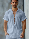 Comfy Lace-Up Cotton Blend Top Sets coofandy Blue M